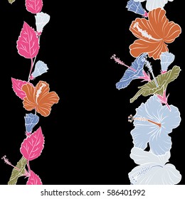 Vertical aloha typography with hibiscus floral illustration for t-shirt print, seamless pattern vector illustration in orange and pink colors with place for your text on a black background.