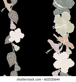 Vertical aloha typography with hibiscus floral illustration for t-shirt print, seamless pattern vector illustration in beige and gray colors with copy space (place for your text) on a black background