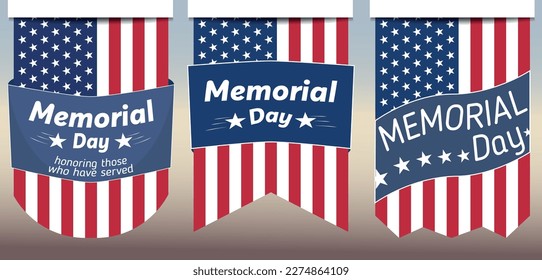 vertical american flag garland with emblem Memorial Day patriotic greeting text. Holiday flyer sticker template set