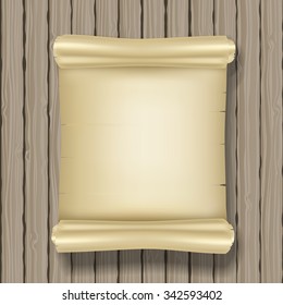 vertical ancient scroll on wooden background. vector