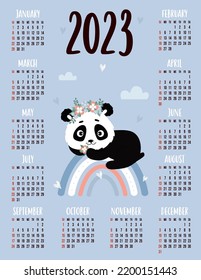 Vertical annual calendar for 2023 for 12 months with cute panda on rainbow. Vector illustration. Vertical template in English. The week starts on Sunday. Stationery, printing, organizer, decor