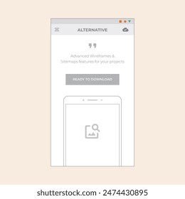 Vertical App screen design with smartphone illustration, quote and button. Vector mobile wireframe editable design for mobile and real user interface graphic details ready for ux and ui projects.