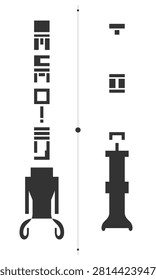 Vertical arrangement of abstract monochrome geometric shapes and cryptic symbols. Minimalist vector illustration featuring alien-like script, futuristic runes, and technical graphic elements.