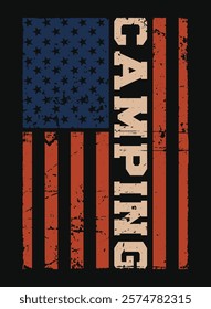 A vertical arrangement of the American flag with the word "CAMPING" overlaid.