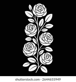Vertical arrangement of five stylized white roses and leaves on a solid black background. The roses are detailed with concentric circles creating a layered petal effect. 