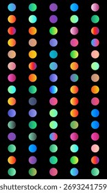 Disposição vertical de círculos de gradiente vibrantes em um plano de fundo preto.