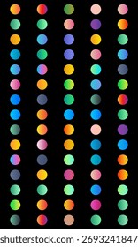 Vertical arrangement of vibrant gradient circles against a black background, creating a visually striking pattern.