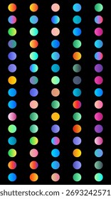 Disposição vertical de círculos de gradiente vibrantes em um plano de fundo preto.