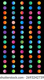 Disposição vertical de círculos de gradiente vibrantes em um plano de fundo preto.