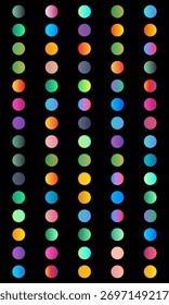 Disposição vertical de círculos de gradiente vibrantes em um plano de fundo preto.