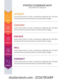 Seta vertical Cronograma infográfico com 5 etapas em um layout 16:9 para apresentações de negócios, gerenciamento e avaliação.