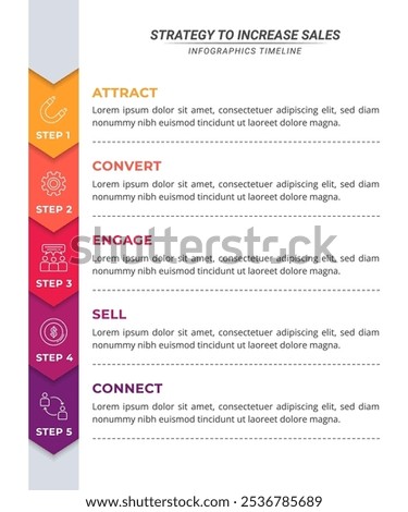 Vertical Arrow Infographic Timeline with 5 Steps on a 16:9 Layout for Business Presentations, Management, and Evaluation.