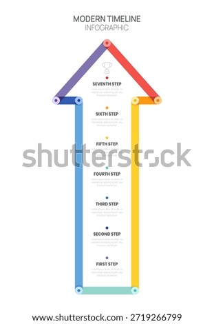 Vertical arrow timeline infographic template with 7 steps. Business success roadmap and progress concept.