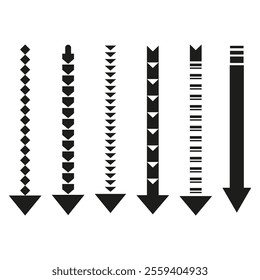 Vertical arrows set. Downward movement vector. Decorative directional shapes. Bold black design.