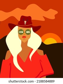 Vertical art with a sunset and a red sun, a cowboy girl with glasses and a hat. A blonde in a red blouse. Wild West vector illustration.