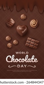 Representação artística vertical do Dia Mundial do Chocolate com uma variedade de deliciosos chocolates e cacau. Ideal para temas que celebram a doçura, a indulgência e o connoisseurship do chocolate.