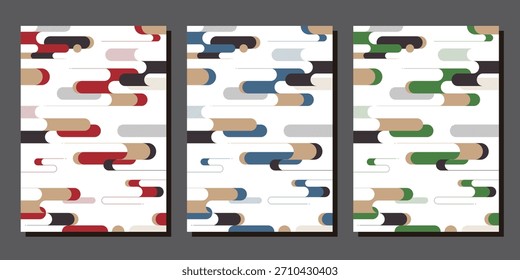 Vertical A-size Japonês moderno material de fundo: Uma paisagem nebulosa ilustração desenhada com padrões japoneses tradicionais. Conjunto de 3: azul, vermelho e verde