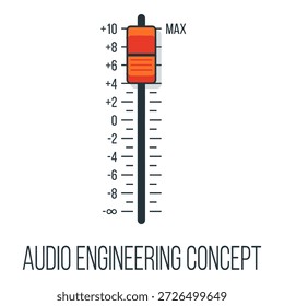 Gráfico de controle deslizante de mixer de áudio vertical, indicação de nível de volume, conceito de engenharia de som, desempenho máximo