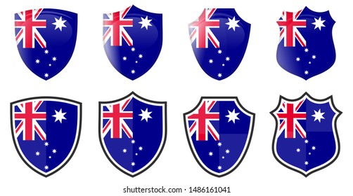 Vertical Australia flag in shield shape, four 3d and simple versions. Australian icon / sign
