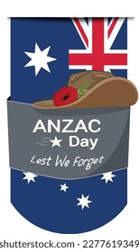 vertical Australian flag garland with emblem Anzac day Lest We Forget army slouch hat with red poppy flower on it