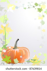 Vertical autumn background. PUMPKIN. Frame. Sun. Leafs. Sky. Defoliation. Herbst. Kurbis. Vector.