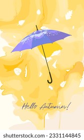 Vertical autumn banner with blue umbrella on yellow watercolor background of autumn leaves. Vector illustration in watercolor style