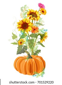 Vertical autumn border: orange pumpkin, yellow sunflowers, gerbera daisy flower, small green twigs of Asparagus on white background. Digital draw, illustration in watercolor style for design, vector