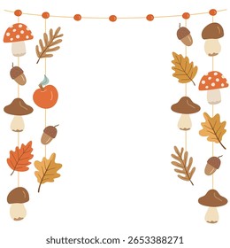 Moldura de guirlanda de outono vertical com cogumelos, bolotas, folhas e maçãs. Ideal para convites sazonais, decorações de festa e desenhos imprimíveis.