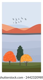 Vertical autumn landscape with colorful trees, mountains, lake or ocean, green grass, flock of birds and blue sky. Beautiful autumn nature scene for social media stories, posters, postcard. Vector