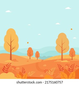 Vertical autumn poster. Beautiful autumn nature, park, hills and fields, autumn landscape with trees and plants, horizon and sky with clouds and falling autumn leaves. Vector illustration