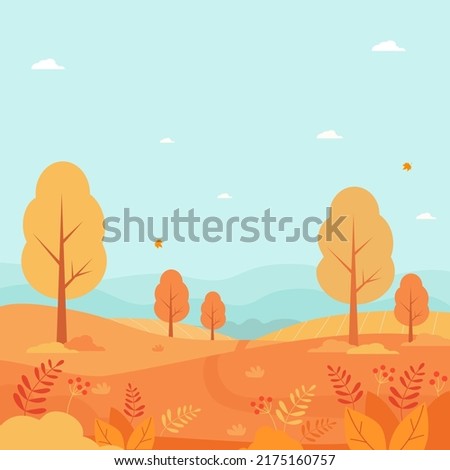 Vertical autumn poster. Beautiful autumn nature, park, hills and fields, autumn landscape with trees and plants, horizon and sky with clouds and falling autumn leaves. Vector illustration