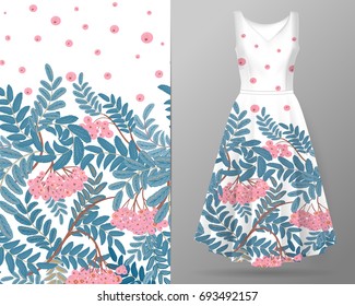 Vertical autumn rowanberry seamless pattern on summer dress mock up. Detailed intricate hand drawing background. Chaotic distribution of elements. Pink and blue on white. EPS10 vector illustration.