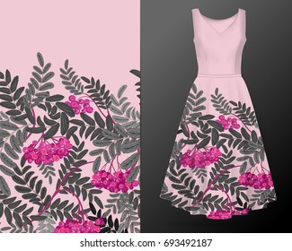 Vertical autumn rowanberry seamless pattern on summer dress mock up. Detailed intricate hand drawing background. Chaotic distribution of elements. Pink and gray. EPS10 vector illustration.