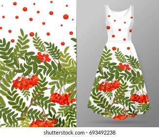 Vertical autumn rowanberry seamless pattern on summer dress mock up. Detailed intricate hand drawing background. Chaotic distribution of elements. Red and green. EPS10 vector illustration.