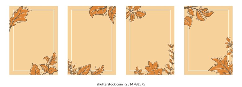 Vertical autumn templates set. Rectangular frames with falling dried leaves and copy space. Collection of blank backgrounds for seasonal flyer, brochure, sale, advertising, postcard, vector graphics