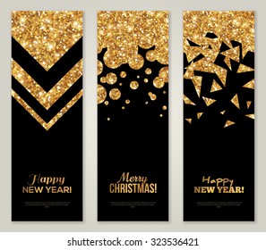 Vertical Back and Gold Banners Set, Greeting Card Design. Golden Foil Geometric Shapes. Vector Illustration. Happy New Year Poster Invitation Template.