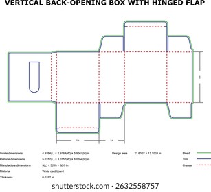 Vertical back opening hinged flap box diecut template