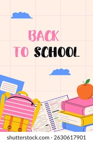Vertical Back to School background with school accessories. Vector illustration for academic design and children learning themes