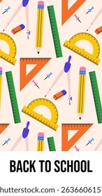 Vertical Back to School background with school stationery accessories. Vector illustration for educational banners, school ads and learning designs