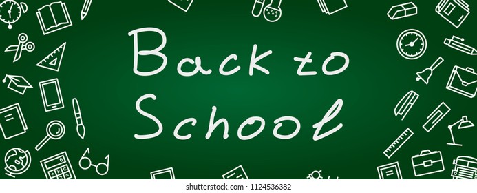 vertical back to school banner on green color chalkboard with education supplies for poster, party, super sale offer. Vector Illustration 10 eps