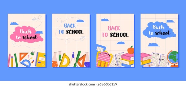 Vertical Back to School postcards with colorful school supplies. Vector illustration for education and learning designs