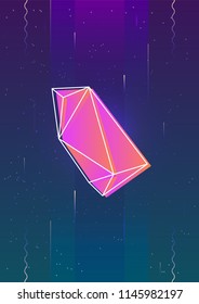 Vertical backdrop with glowing bright colored flying faceted stone or crystal and its outline against outer space with stars on background. Colorful vector illustration in cool modern style