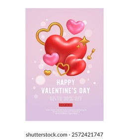 Vertical Background with 3D heart icon, Valentine's Day  Realistic elements for romantic design.