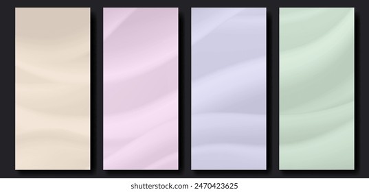 Vertikaler Hintergrund mit abstrakten verschwommenen Wellen von Beige-, Rosa-, Blau- und Grüngradientenfarbe. Weiches monochromes Gewebe. Vektorgrafik Mock Up für Stories oder Rollup Banner Design, leere Hintergrund Vorlage.