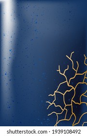 Vertical background of blue color with stone texture and gold crack, with dots, stock vector illustration for design and decoration, print, pattern, kintsugi, banner