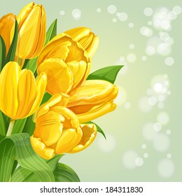 Vertical background with a bouquet of yellow tulips