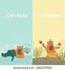 Vertical background with capybara, crocodile, with dancing capybara in sambrero and with maracas, hand drawn illustration.