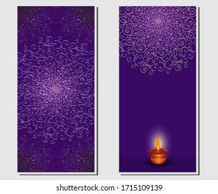 Vertical background, card with openwork mandala and a burning candle on a purple background.