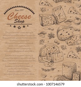 Vertical background with cheese products. Vector illustration for your design
