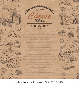 Vertical background with cheese products. Vector illustration for your design